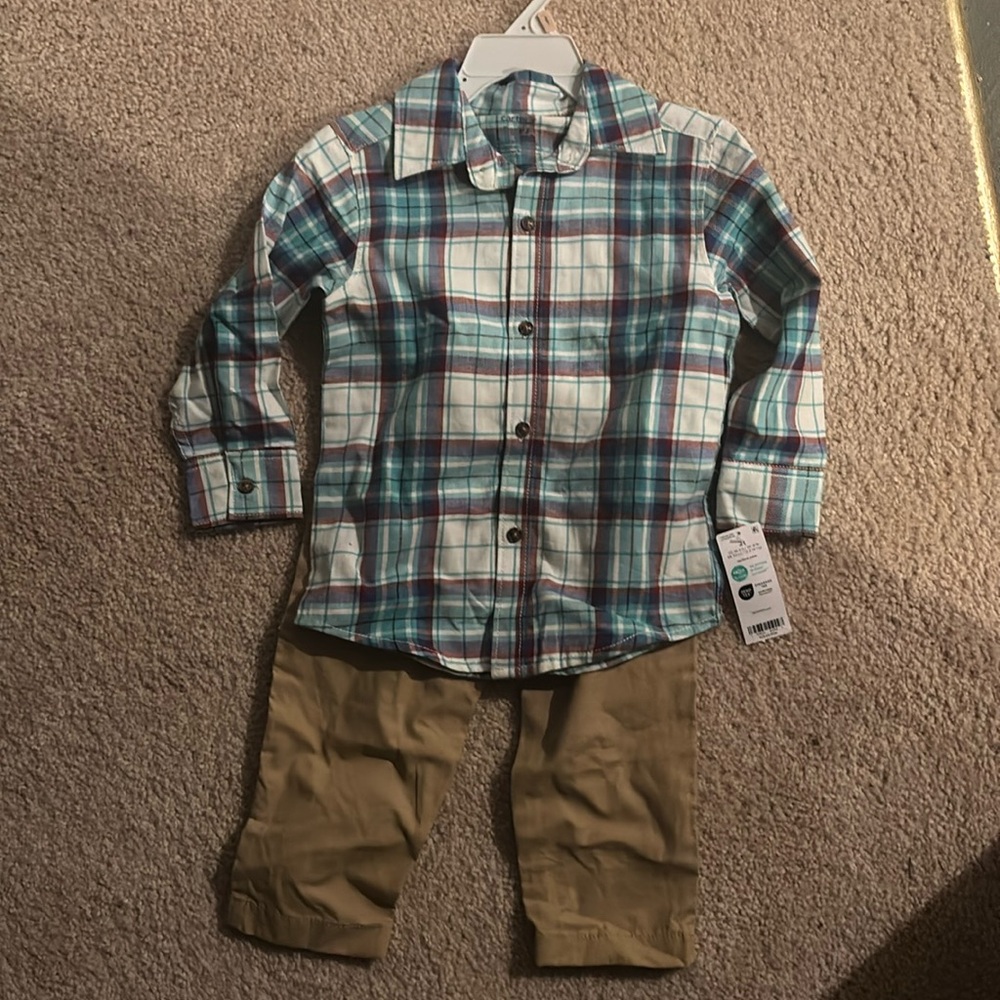 Carters boys 2-piece set; long sleeved button-up shirt, khaki pants; 2T